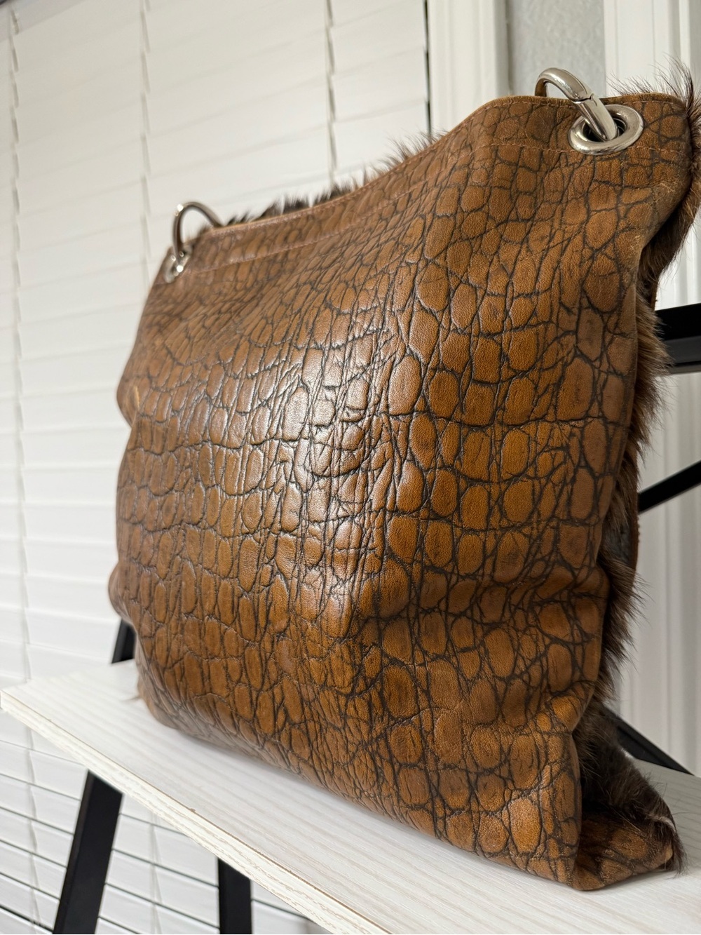 Faux Fur Brown Shoulder Bag with Turquoise Stone Accents - Picture 5 of 8